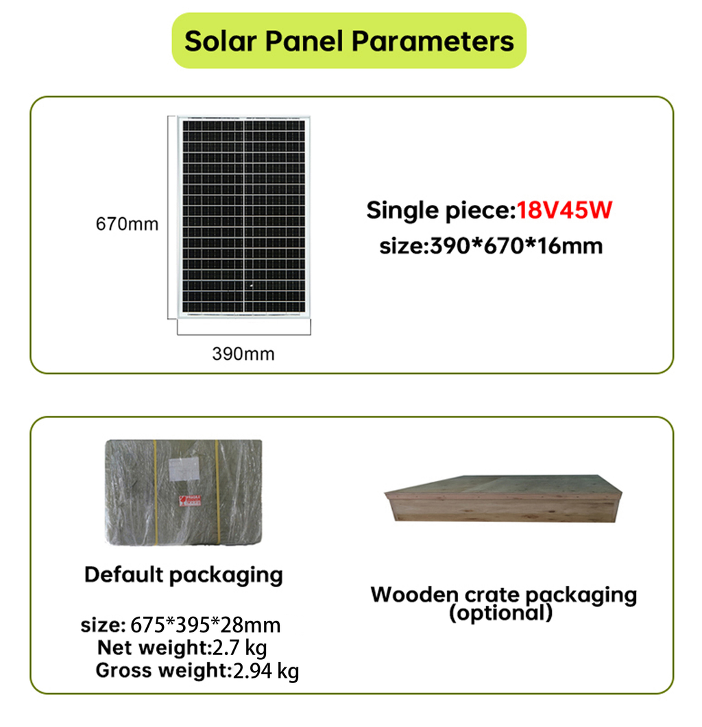 Solar Panel Parameters 18V 45W, 390x670mm