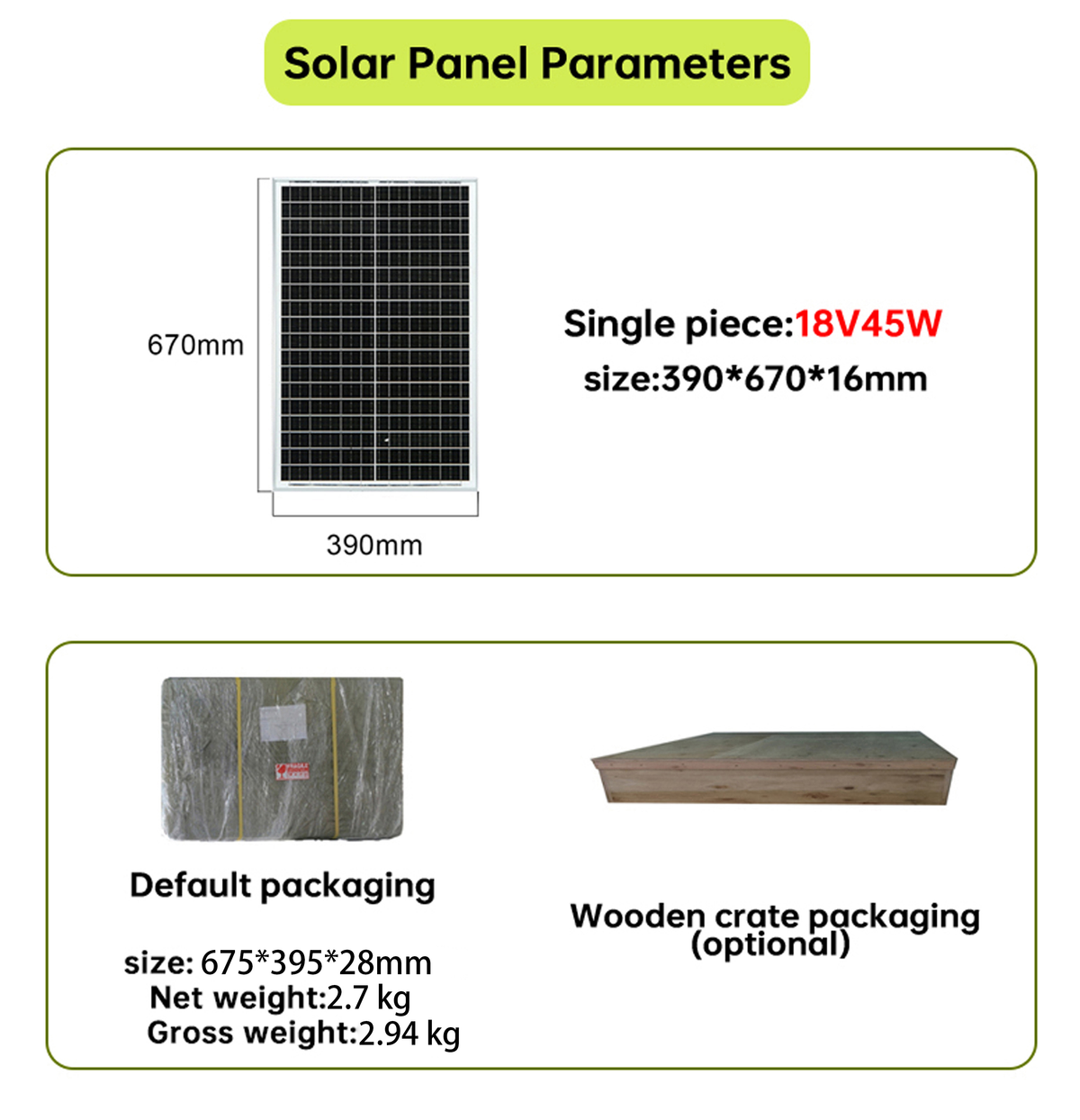 Solar Panel Parameters 18V 45W, 390x670mm