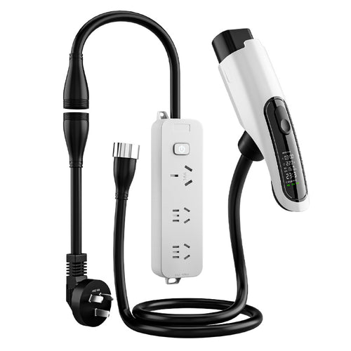 Portable EV bidirectional charger and discharger kit with distribution box, LED display gun and coiled cable